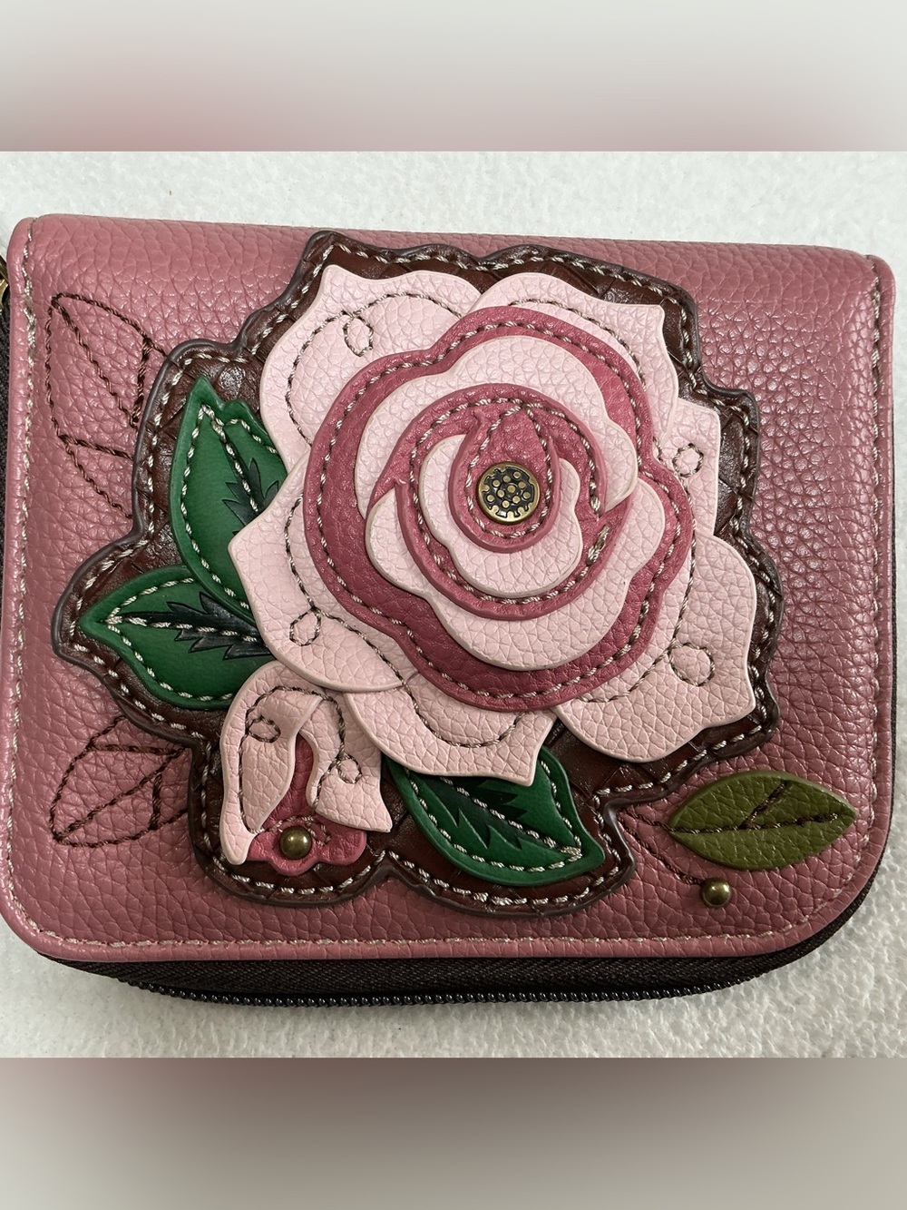 Chala Handbags Rose Zip Around Wallet Wristlet Dusty Pink Mauve Floral NWT